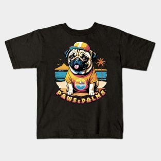 Paws and Palms, a Cute Pug on a beach Kids T-Shirt